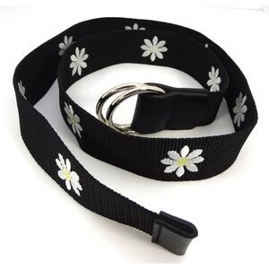 Womens Black Fabric Belt White Daisy Flower Embroidery Silver Double Ring Buckle